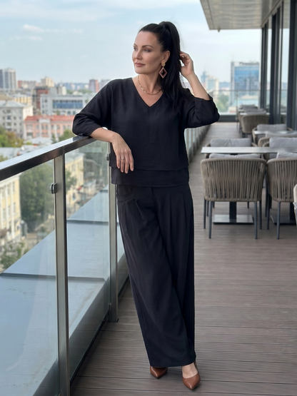 Women's Layered Top Wide Leg Set for Quiet Outings