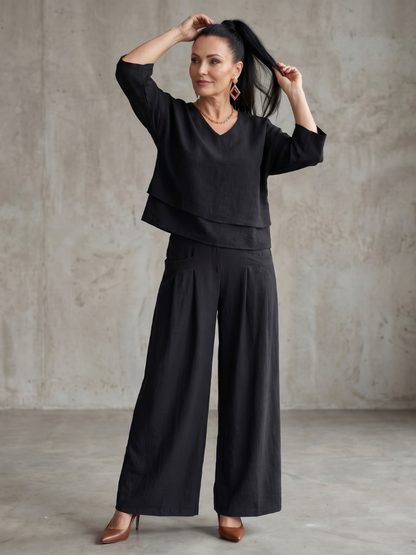 Women's Layered Top Wide Leg Set for Quiet Outings