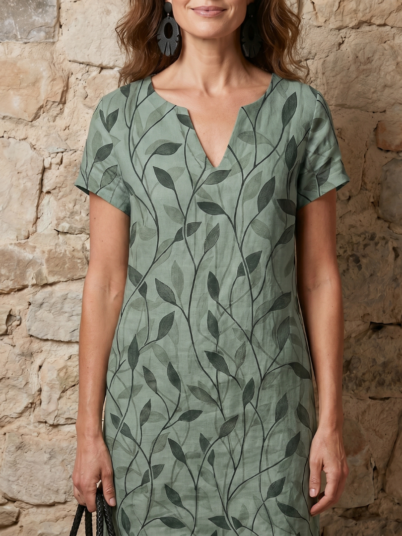 Women's Leaf Print Knee Dress with V-Neck for Casual