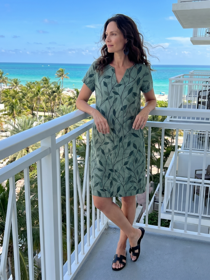 Women's Leaf Print Knee Dress with V-Neck for Casual