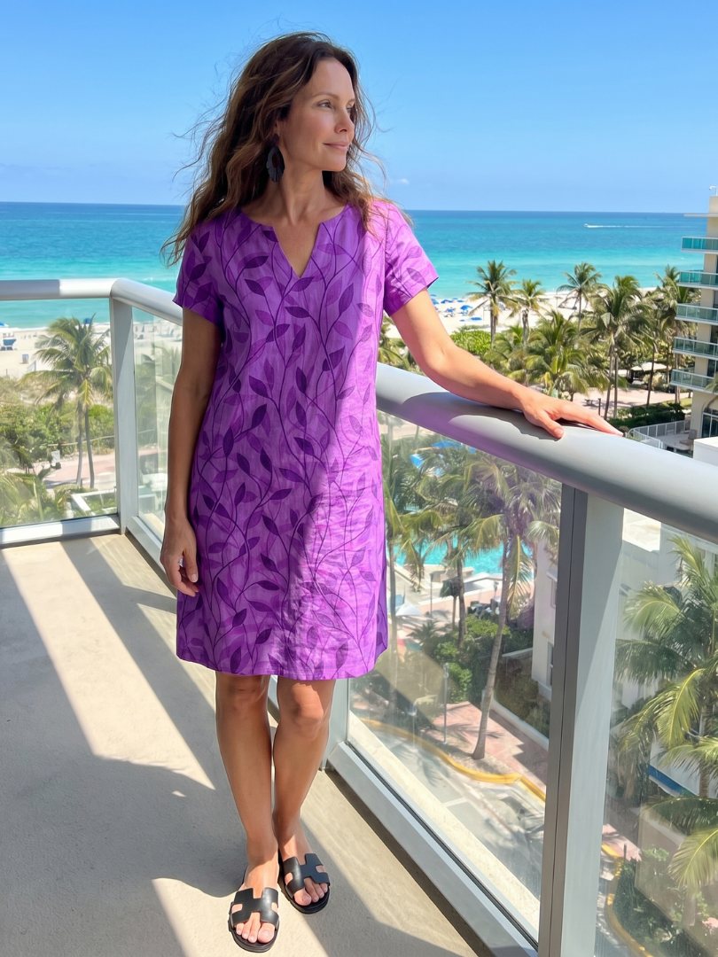 Women's Leaf Print Knee Dress with V-Neck for Casual