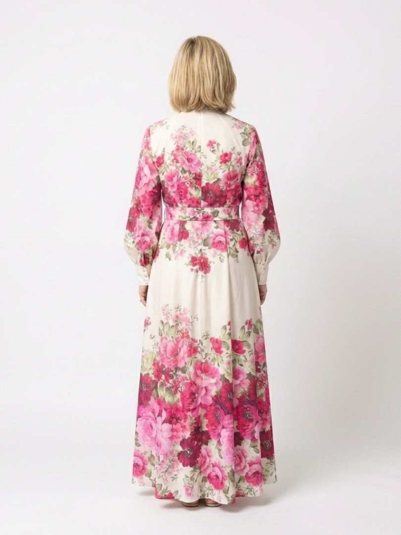 Women's Long Sleeve Floral Maxi Dress with Belted Waist for Daywear