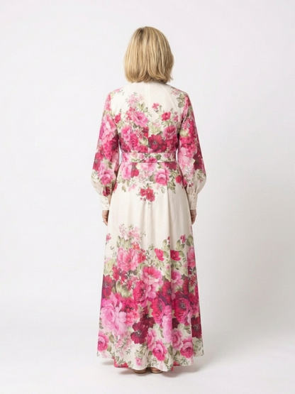 Women's Long Sleeve Floral Maxi Dress with Belted Waist for Daywear