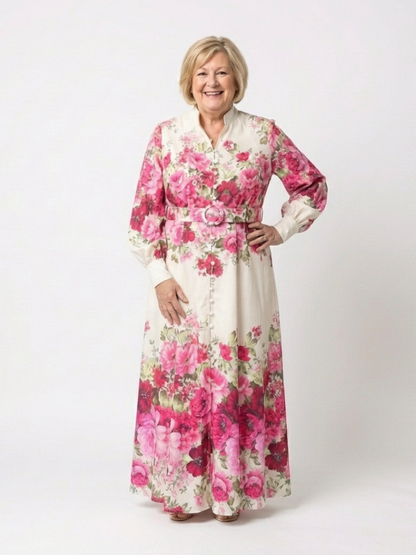 Women's Long Sleeve Floral Maxi Dress with Belted Waist for Daywear