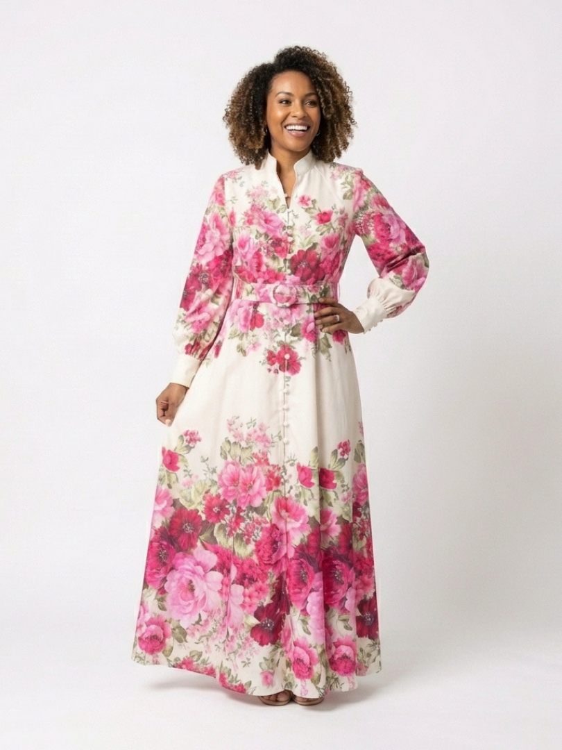 Women's Long Sleeve Floral Maxi Dress with Belted Waist for Daywear