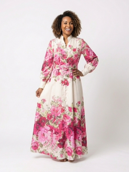 Women's Long Sleeve Floral Maxi Dress with Belted Waist for Daywear
