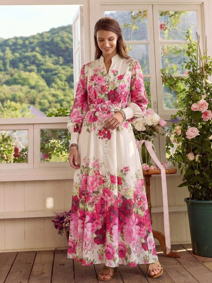 Women's Long Sleeve Floral Maxi Dress with Belted Waist for Daywear