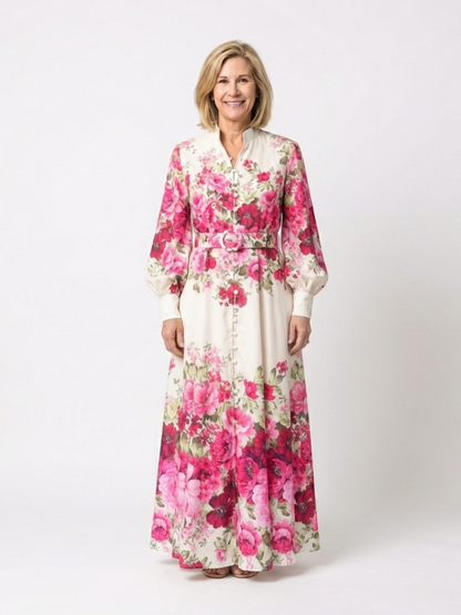 Women's Long Sleeve Floral Maxi Dress with Belted Waist for Daywear