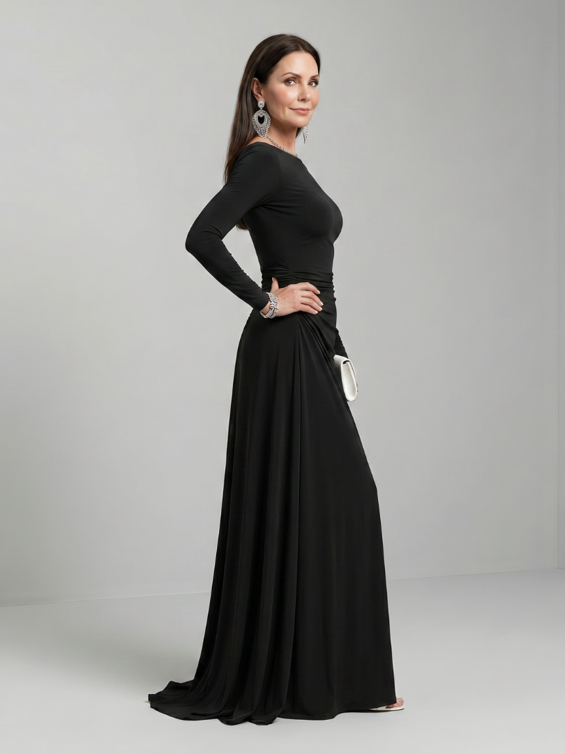 Women's Maxi Dress with Boat Neck and Flowing Skirt