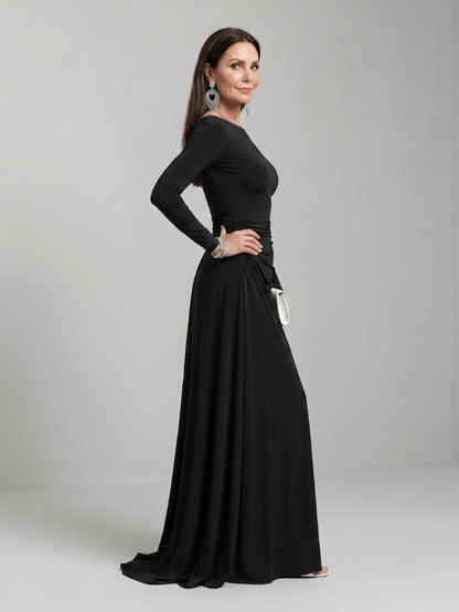 Women's Maxi Dress with Boat Neck and Flowing Skirt