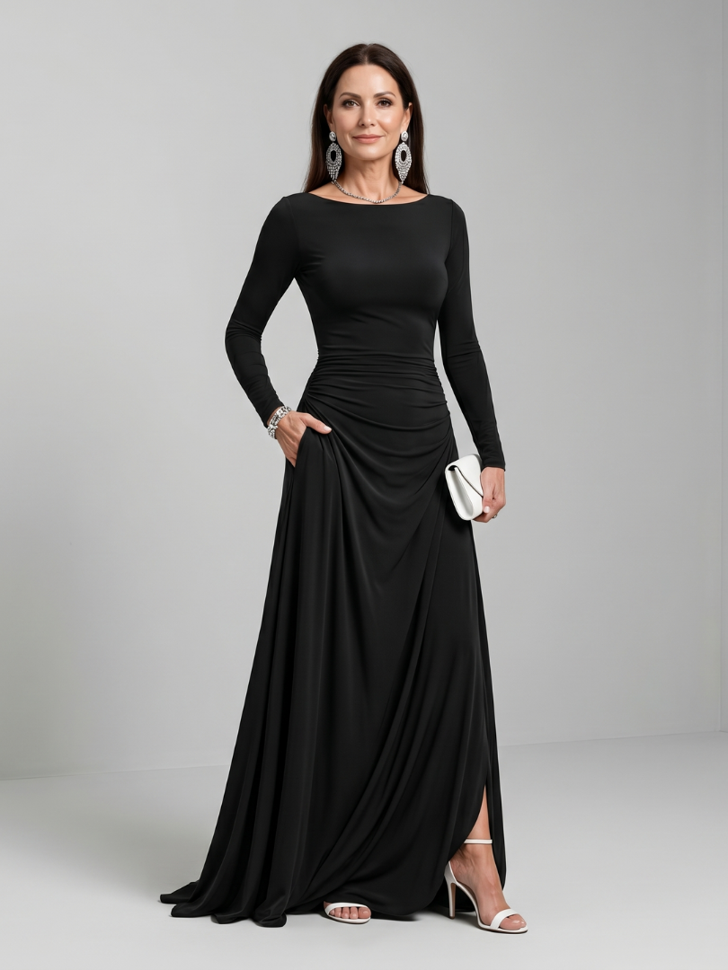 Women's Maxi Dress with Boat Neck and Flowing Skirt