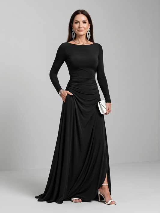 Women's Maxi Dress with Boat Neck and Flowing Skirt