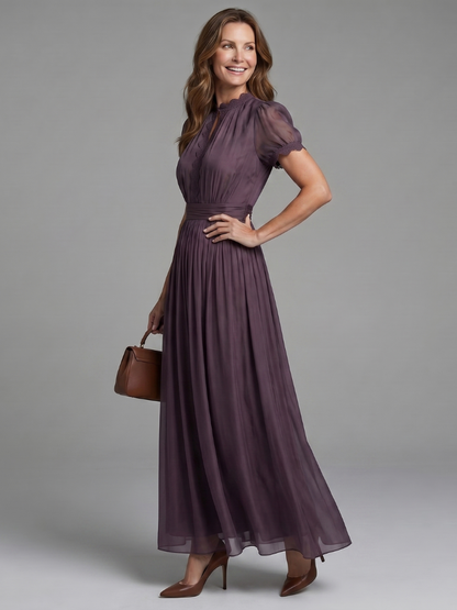 Women's Maxi Dress with Gathered Waist Keyhole for Evening