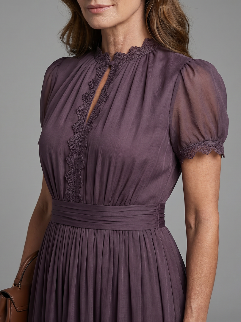 Women's Maxi Dress with Gathered Waist Keyhole for Evening