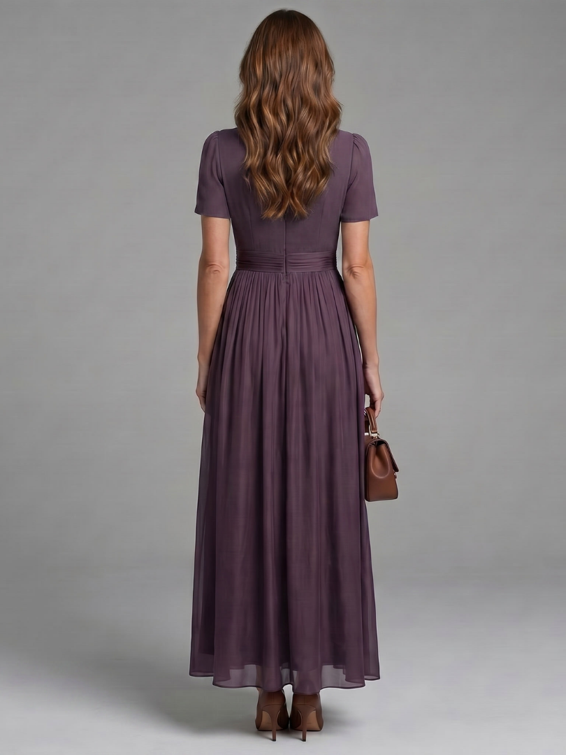 Women's Maxi Dress with Gathered Waist Keyhole for Evening