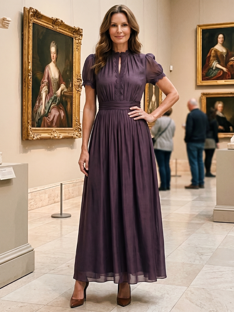 Women's Maxi Dress with Gathered Waist Keyhole for Evening