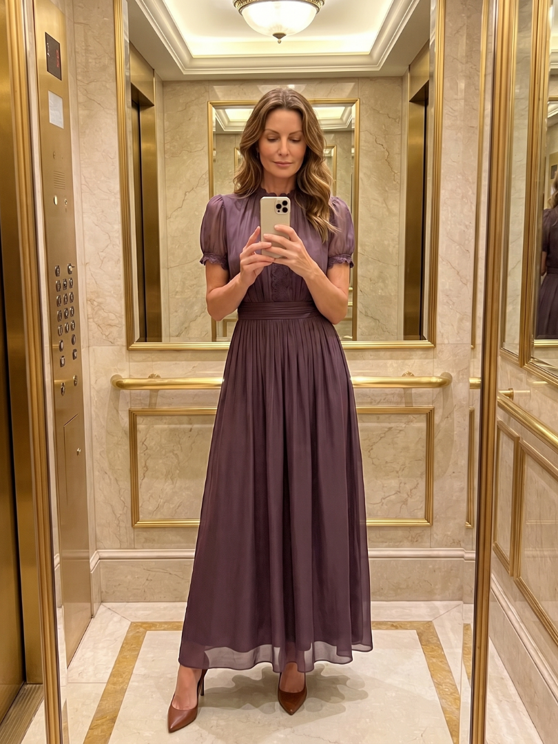Women's Maxi Dress with Gathered Waist Keyhole for Evening