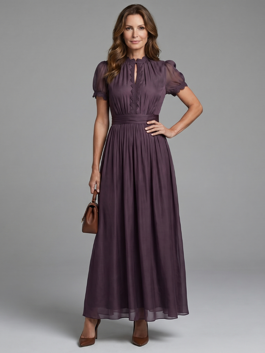 Women's Maxi Dress with Gathered Waist Keyhole for Evening
