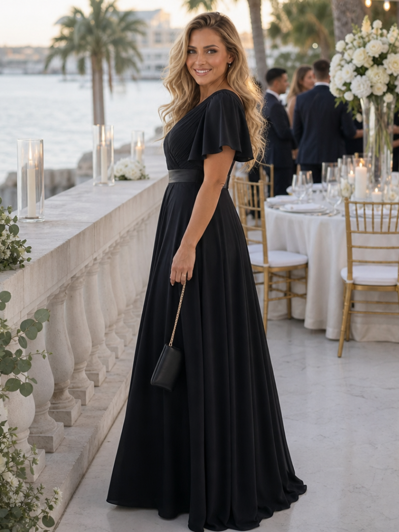 Women's Maxi Dress with V-Neck Flutter Sleeves for Formal