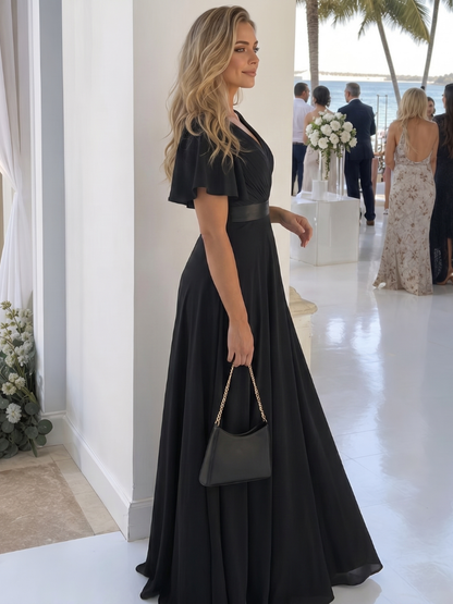 Women's Maxi Dress with V-Neck Flutter Sleeves for Formal