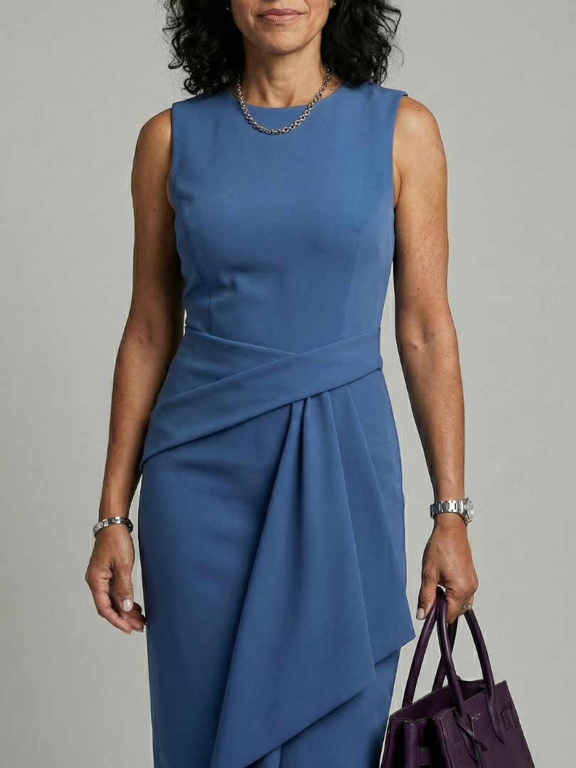 Women's Midi Dress with Asymmetric Drape for Daywear