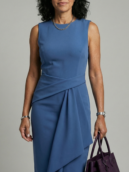 Women's Midi Dress with Asymmetric Drape for Daywear
