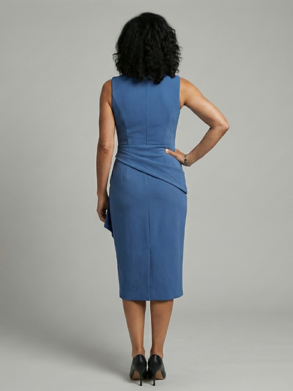 Women's Midi Dress with Asymmetric Drape for Daywear