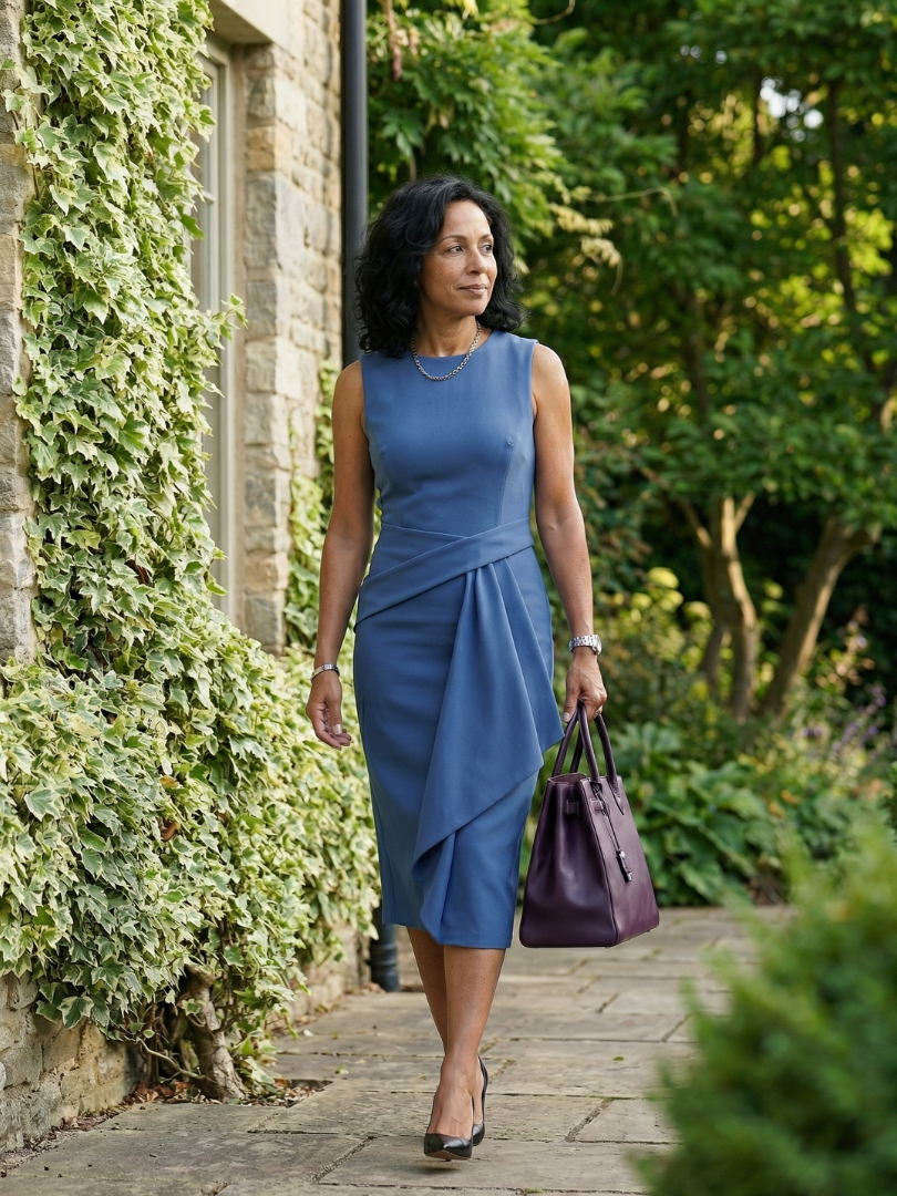 Women's Midi Dress with Asymmetric Drape for Daywear
