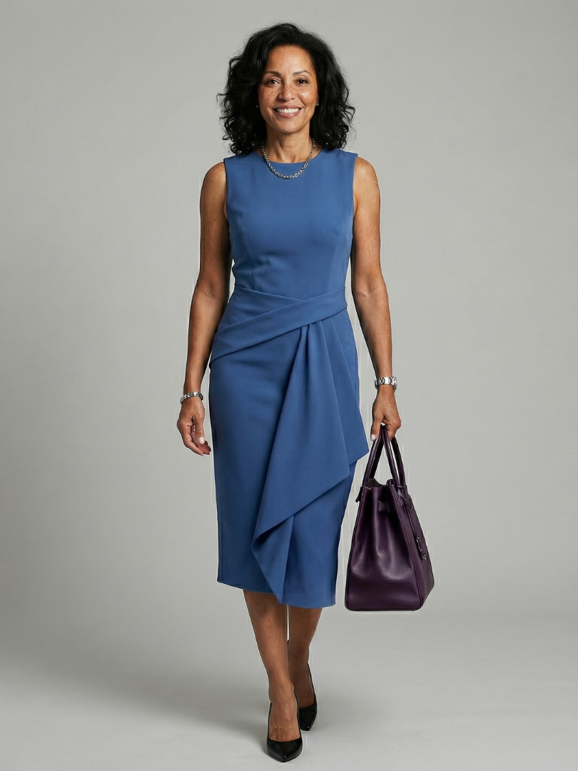 Women's Midi Dress with Asymmetric Drape for Daywear