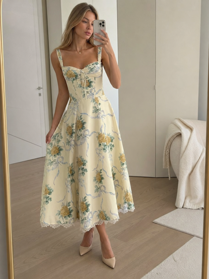 Women's Midi Dress with Corset-Style Bodice for Wedding Guest
