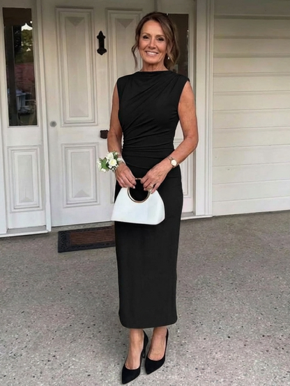 Women's Midi Dress with Draped High Neck for Evening