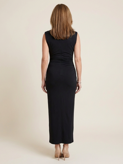 Women's Midi Dress with Draped High Neck for Evening