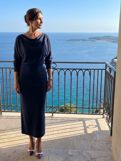 Women's Midi Dress with Draped Neckline for Everyday Wear