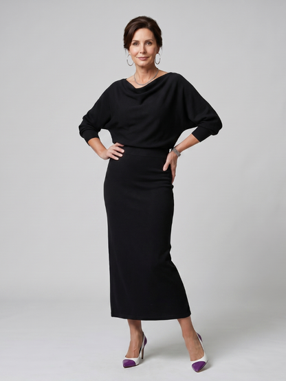 Women's Midi Dress with Draped Neckline for Everyday Wear