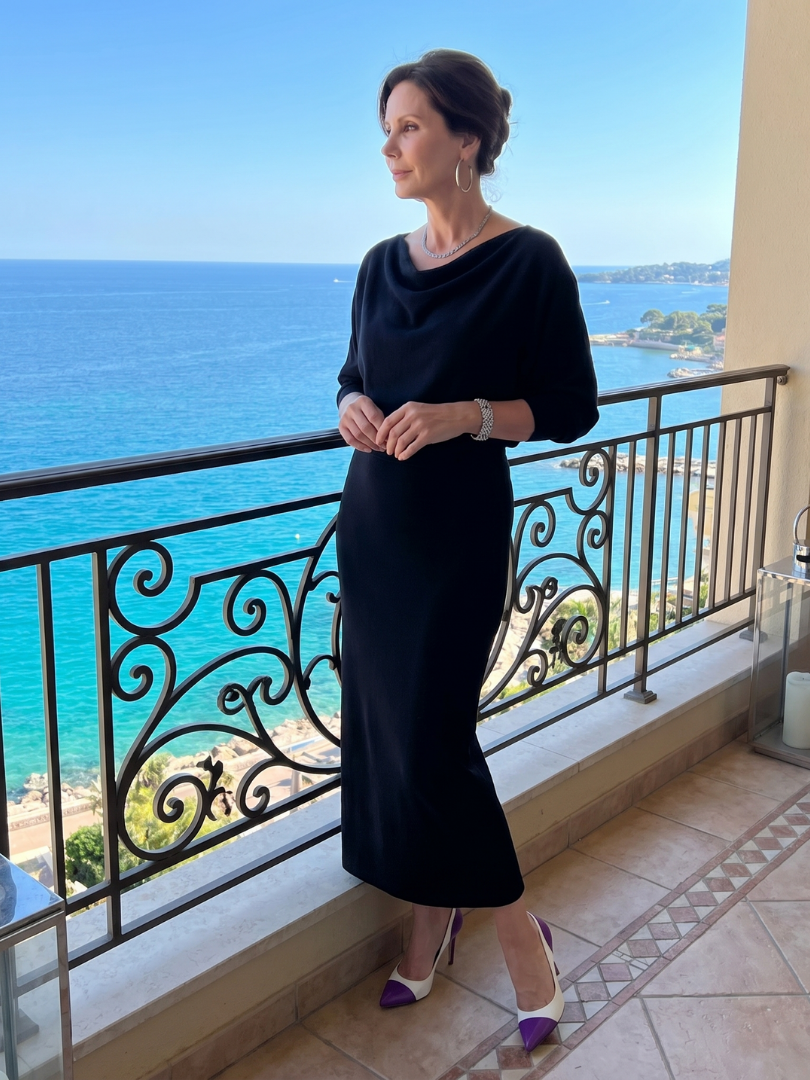 Women's Midi Dress with Draped Neckline for Everyday Wear