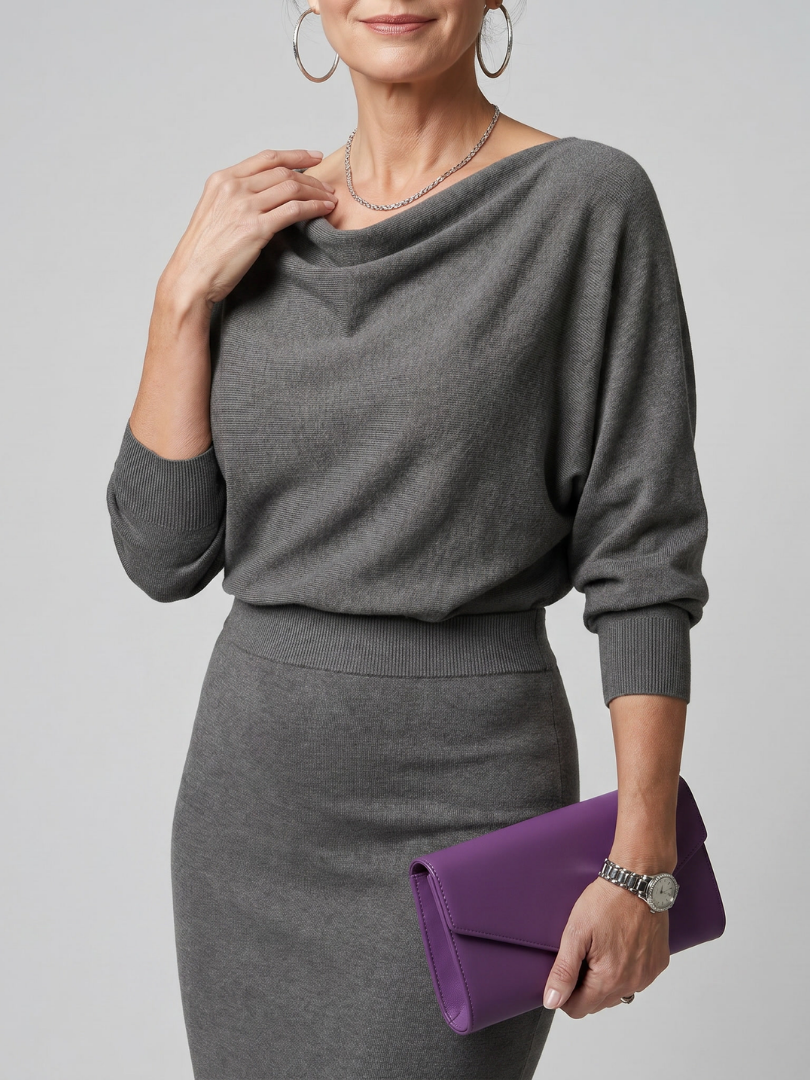 Women's Midi Dress with Draped Neckline for Everyday Wear