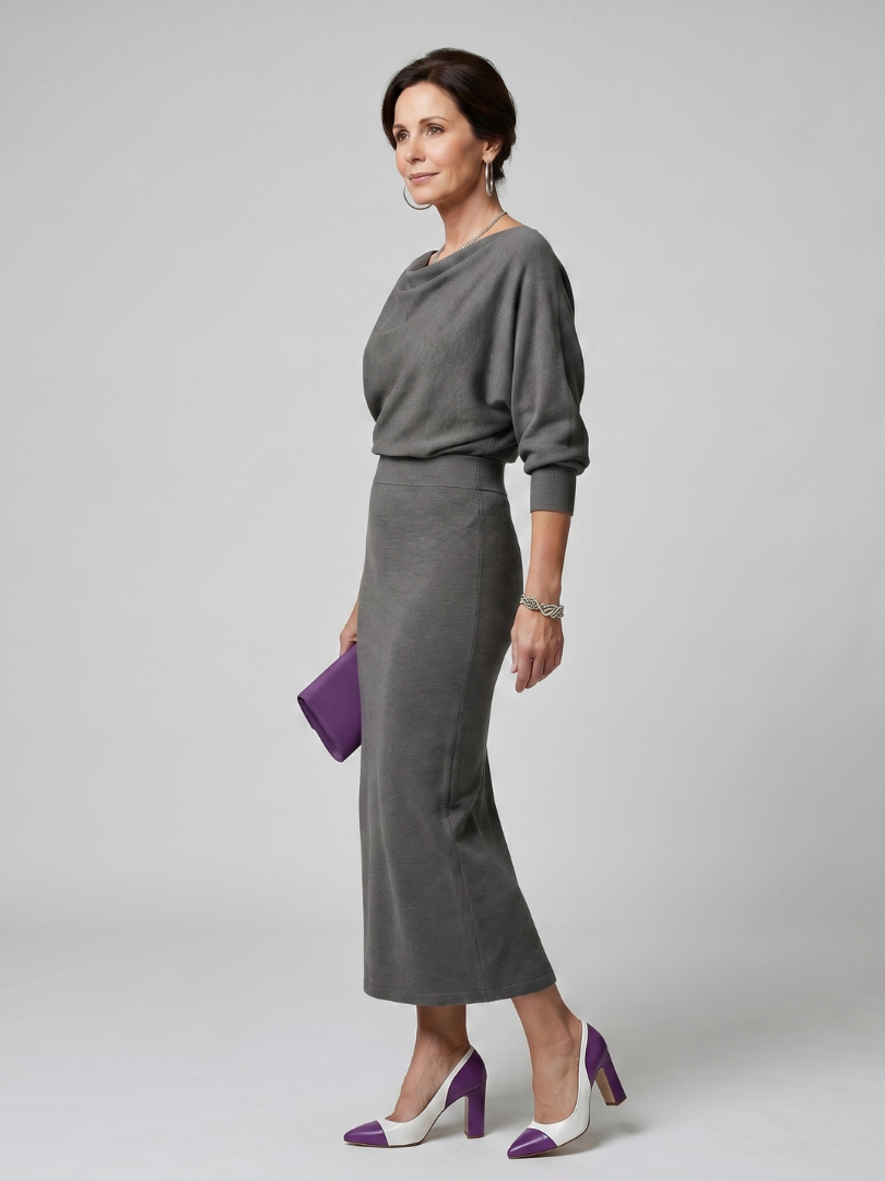 Women's Midi Dress with Draped Neckline for Everyday Wear