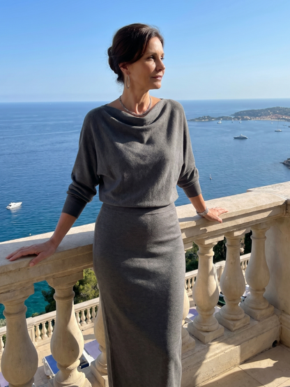 Women's Midi Dress with Draped Neckline for Everyday Wear