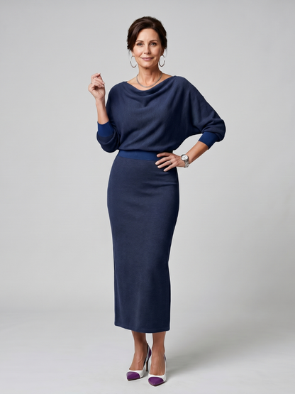 Women's Midi Dress with Draped Neckline for Everyday Wear