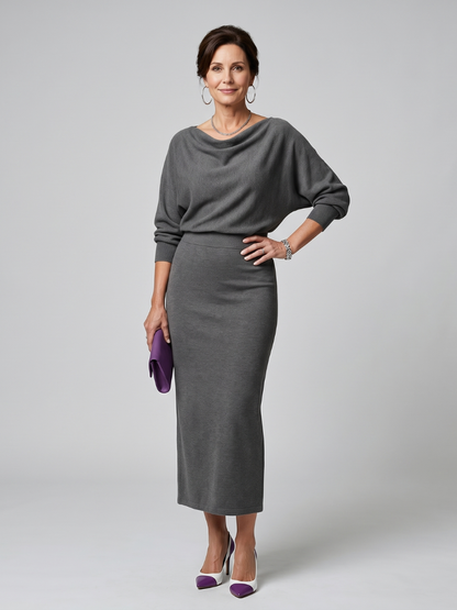 Women's Midi Dress with Draped Neckline for Everyday Wear