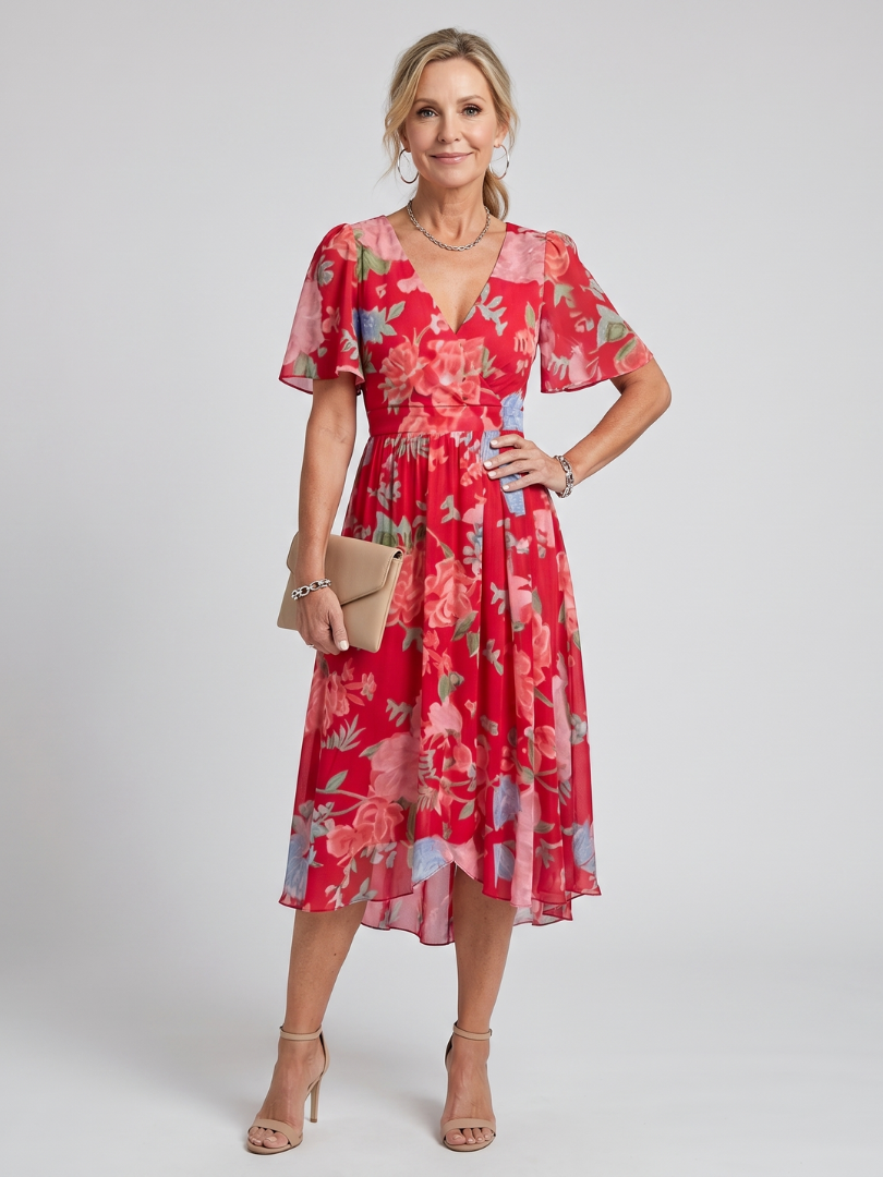 Women's Midi Dress with Flutter Sleeves for Warm Days