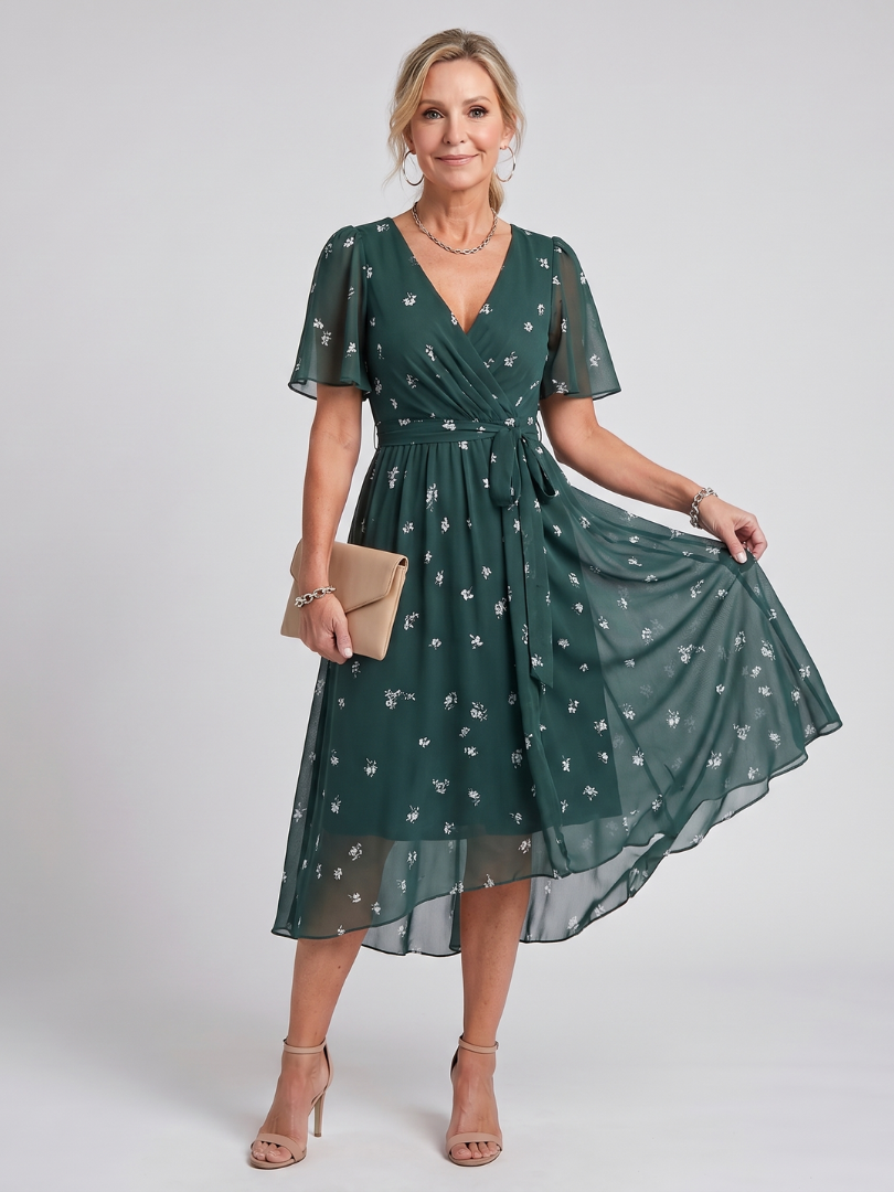 Women's Midi Dress with Flutter Sleeves for Warm Days