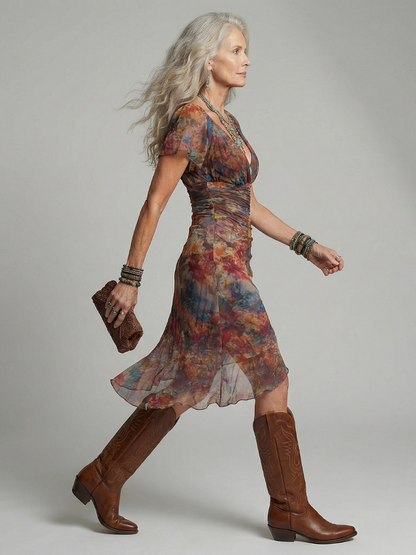 Women's Midi Dress with Gathered Bodice for Warm Weather