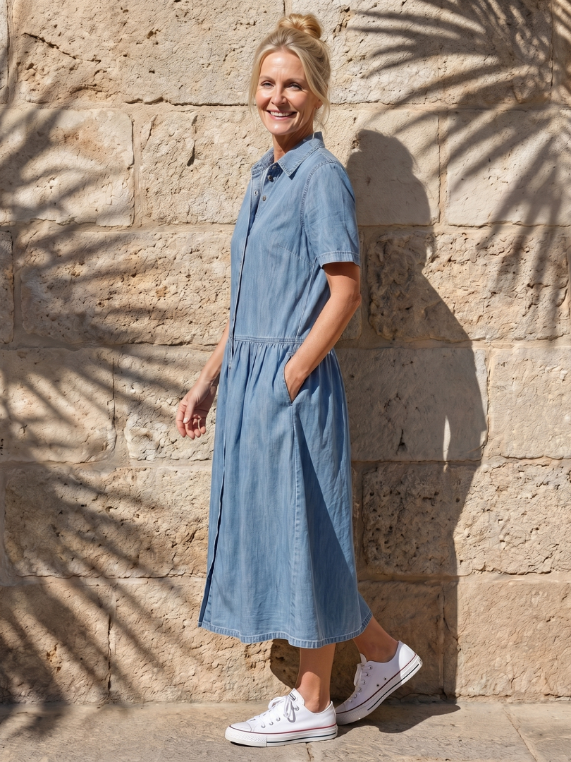 Women's Midi Dress with Gathered Waist for Casual Day Out