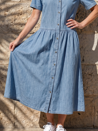Women's Midi Dress with Gathered Waist for Casual Day Out
