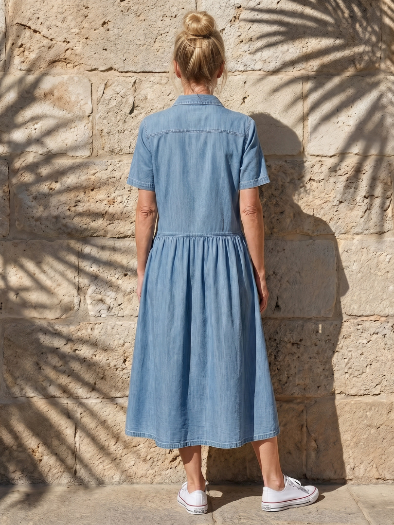 Women's Midi Dress with Gathered Waist for Casual Day Out