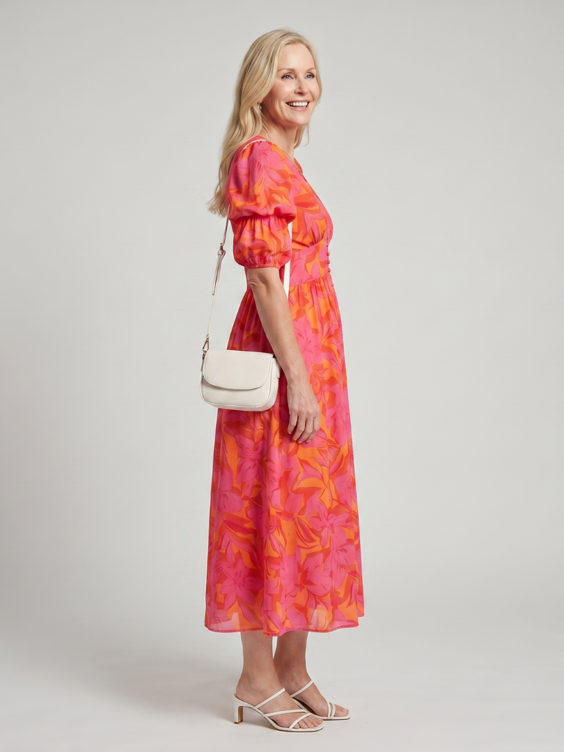 Women's Midi Dress with Puff Sleeve V-Neck for Garden Party