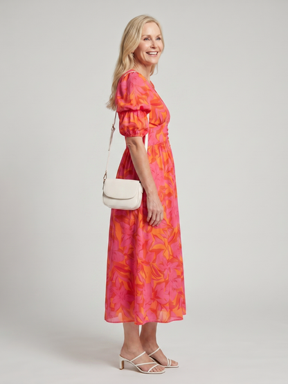 Women's Midi Dress with Puff Sleeve V-Neck for Garden Party