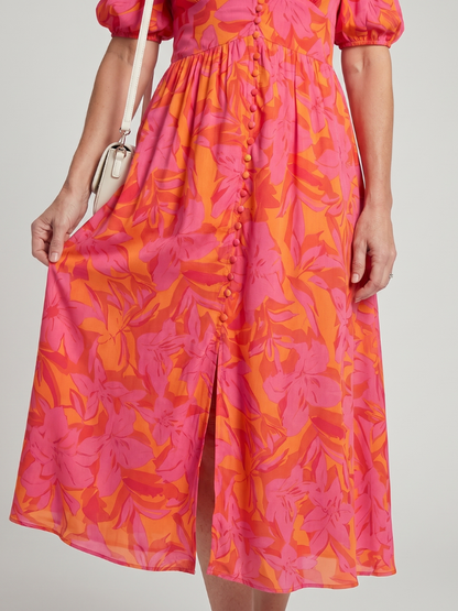 Women's Midi Dress with Puff Sleeve V-Neck for Garden Party