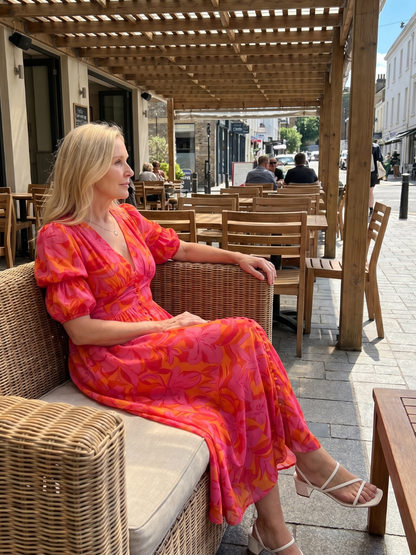 Women's Midi Dress with Puff Sleeve V-Neck for Garden Party